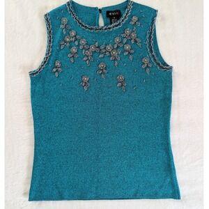 EVIE Teal Sparkle Beaded Floral Sleeveless Knit Top Women's Sz S Festive‎ Glam